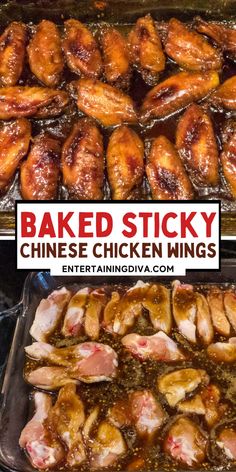 baked sticky chinese chicken wings in an oven with the words baked sticky written above them