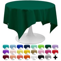 a round table covered with a green tablecloth and white base surrounded by color options