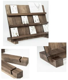 three different views of a wooden book shelf