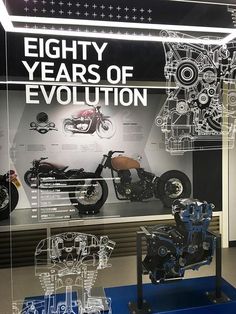 a display case with an image of a motorcycle and other vehicles on it's sides