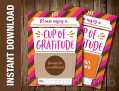 two cups of coffee with the words cup of gratitude written on them