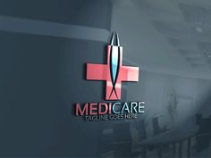 medical logo design with cross on the top and red letters above it that read, medicare tacline goes here