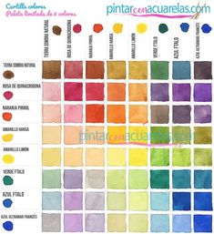 the color chart for watercolors is shown in different colors, including red, yellow, green and blue