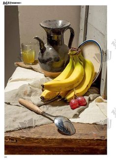 a table topped with bananas next to a metal pitcher and two glasses filled with orange juice