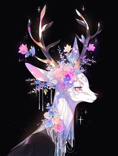 a deer with flowers in its antlers and stars on it's head, against a black background