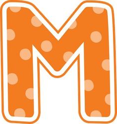 the letter m is made up of orange and white polka dotty dots on it