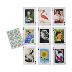 playing cards with pictures of women and birds on them, all in different shapes and sizes