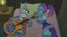 an animated character playing guitar next to another cartoon character