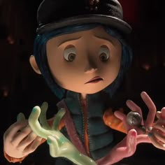 an animated character with blue hair and black hat, holding two hands in front of his face