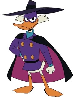 a cartoon duck wearing a purple outfit and hat