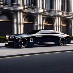 a black car driving down the street in front of a tall building with columns on it