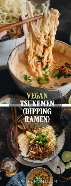 vegan tsukemen dipping ramen with chopsticks in it