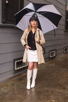 What to wear with white boots - Cheryl Shops Cashmere Wrap Sweater, Rain Outfit, Fashion Blogger Outfit, White Denim Skirt, Style Blogger, Favorite Sweater, Fashion Website, Ladies Tops Fashion