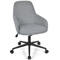 a grey office chair with wheels on an isolated white background, viewed from the front