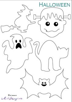 halloween cut outs for kids to make their own ghost and bat faces with the words happy halloween on them