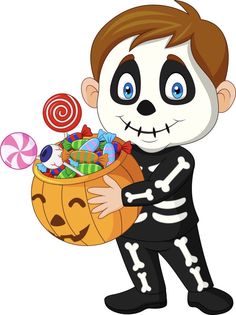 a cartoon skeleton holding a basket full of candy