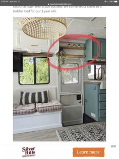 an ad for silver hills rv rentals showing the living room and kitchen area in their mobile home