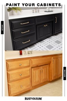 a bathroom vanity with black cabinets and white counter tops that says paint your cabinets rust - follum