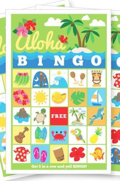 three cards with the words aloha bingo on them, and an image of palm trees