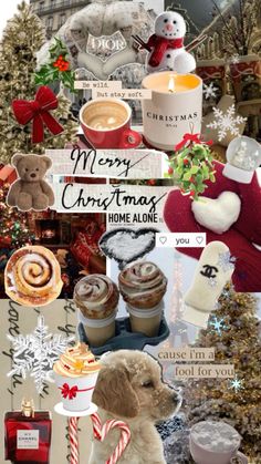 christmas collage with coffee, hot chocolate and teddy bear