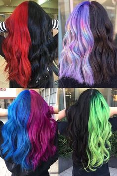 Split Hair Color Ideas, Split Hair Color, Creative Hair Color, Hair Color Streaks, Dyed Hair Inspiration, Split Hair, Pretty Hair Color, Wedding Hijab