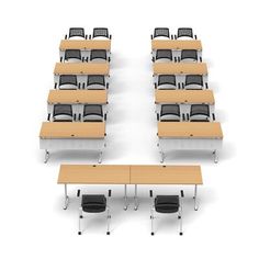 an empty classroom with desks and chairs