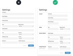 two screens showing the settings and options for each user's account or credit card