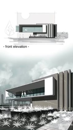 two views of the front elevation and side view of a modern building with trees in the foreground