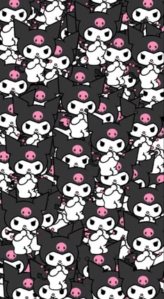 a bunch of small black and white cats with pink eyes on them, all in different positions