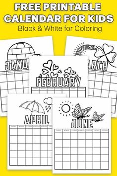 the free printable calendar for kids is shown in three different colors, including black and white