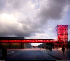 people walking on the street under an overpass with red lights in the sky above