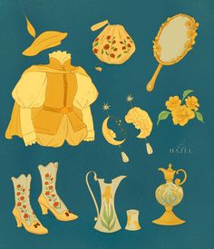 an illustration of various items that are yellow and blue, including boots, vases, mirror, and other things