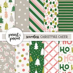 christmas digital paper pack with trees and snowflakes in green, pink, red, white