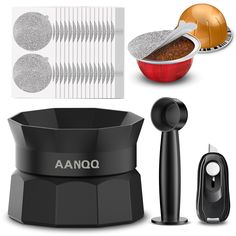 an assortment of kitchen gadgets including a coffee grinder, measuring spoon and other items