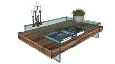 a glass table with books on it and a potted plant sitting on top of it