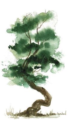 a watercolor painting of a tree with green leaves