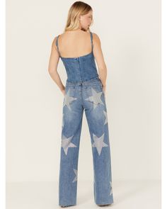 Vibrant Denim Women's Rhinestone Star High Rise Medium Wash Stretch Wide Leg Jeans , Medium Wash Straight Leg Denim Bottoms With Star Print, Star Print Straight Leg Denim Bottoms, Medium Wash Cotton Bottoms With Star Print, Trendy Denim Flare Jeans With Star Print, High Waist Denim Jeans With Star Print, High Waist Star Print Denim Jeans, Trendy Star Print Denim Flare Jeans, High Rise Denim Blue Jeans With Star Print, Medium Wash Cotton Jeans With Star Print