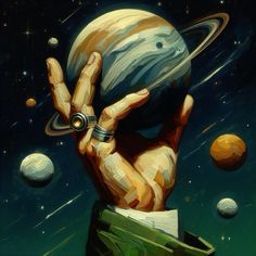 an image of a person holding up their hand in front of planets