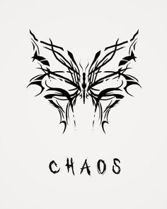 a black and white drawing of a butterfly with the word chaos on it's wings