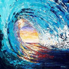 an abstract painting of a wave crashing into the ocean with sunset in the back ground