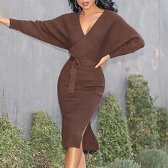 Chocolate Brown Sweater Dress Casual Winter Midi Dress For Brunch, Winter Midi Dress For Brunch, Knee-length Midi Dress For Winter Brunch, Brown V-neck Midi Dress For Winter, Winter Brown V-neck Midi Dress, Knee-length Winter Dress For Brunch, Knee-length Winter Brunch Dress, Winter Brunch Knee-length Dress, Brown Midi Dress For Fall Brunch