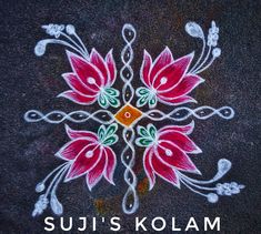 the words suji's kolam written in white and red flowers