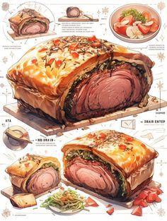 a poster with different types of food on it's sides, including meat and vegetables