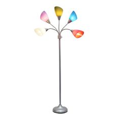 a multi colored lamp with four lights on it's sides and a metal base