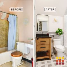 before and after photos of a bathroom remodel