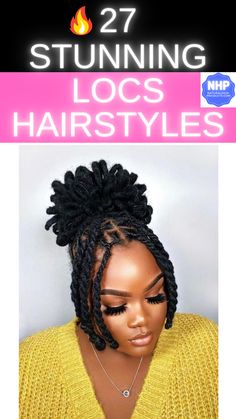 Black woman with two strand twist locs hairstyle, wearing yellow sweater with necklace. Dreaded Hairstyles For Women Dreadlocks, Long Dreadlock Styles For Women Wedding, Medium Length Dread Styles For Women, Women Lock Styles, Locks Styling For Women, Style For Short Dreadlocks, Wedding Style Locs, Women Long Loc Styles, Women’s Locs Styles