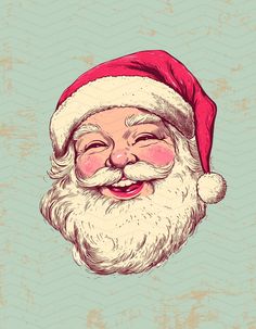 a drawing of santa claus smiling with his eyes closed and mouth wide open, wearing a red hat