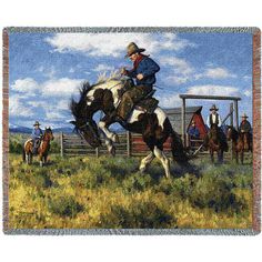 a painting of a cowboy riding a bucking bronco on a ranch with other cowboys in the background