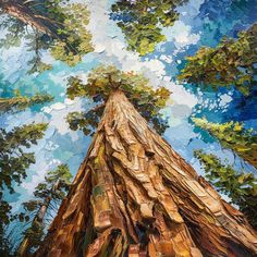 an oil painting of a tall tree in the middle of a forest with blue sky and clouds