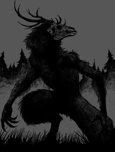 a black and white drawing of a creature in the woods